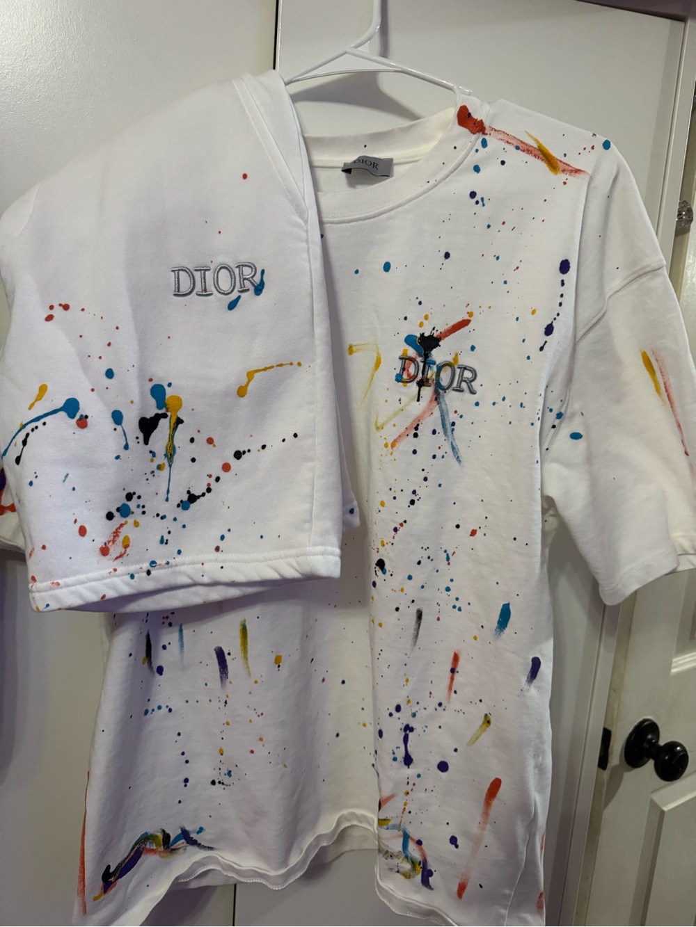 Dior White Short-Sleeve Tee with Multicolor Paint Splatter